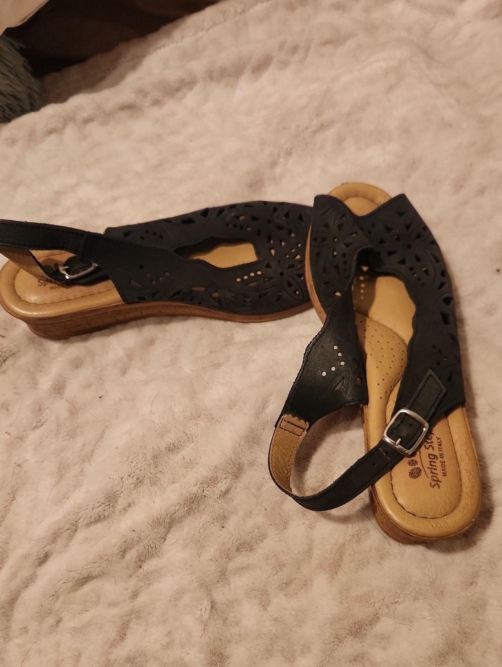 Spring Step Wedge Black LaserCut Design Ankle Strap Sandals with Tan Soft Insole